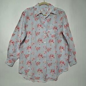 Villager Sport Button Down Women Small Blue Pink Floral Ramie Blend Cottagecore